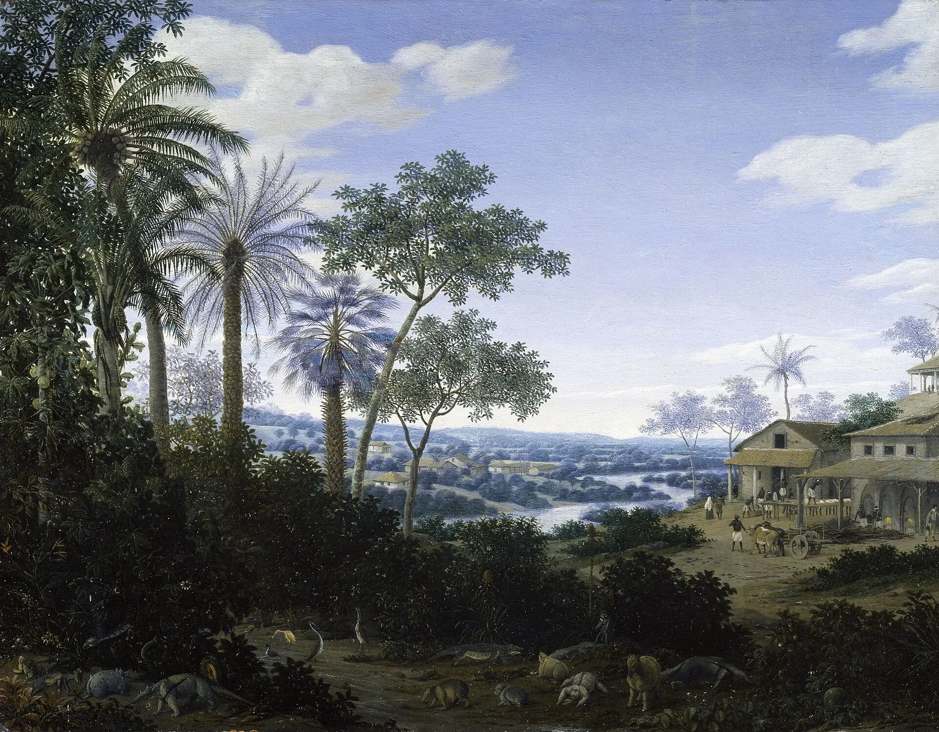 Peinture d’un domaine sucrier au Brésil avec moulin, bâtiments, travailleurs et paysage tropical