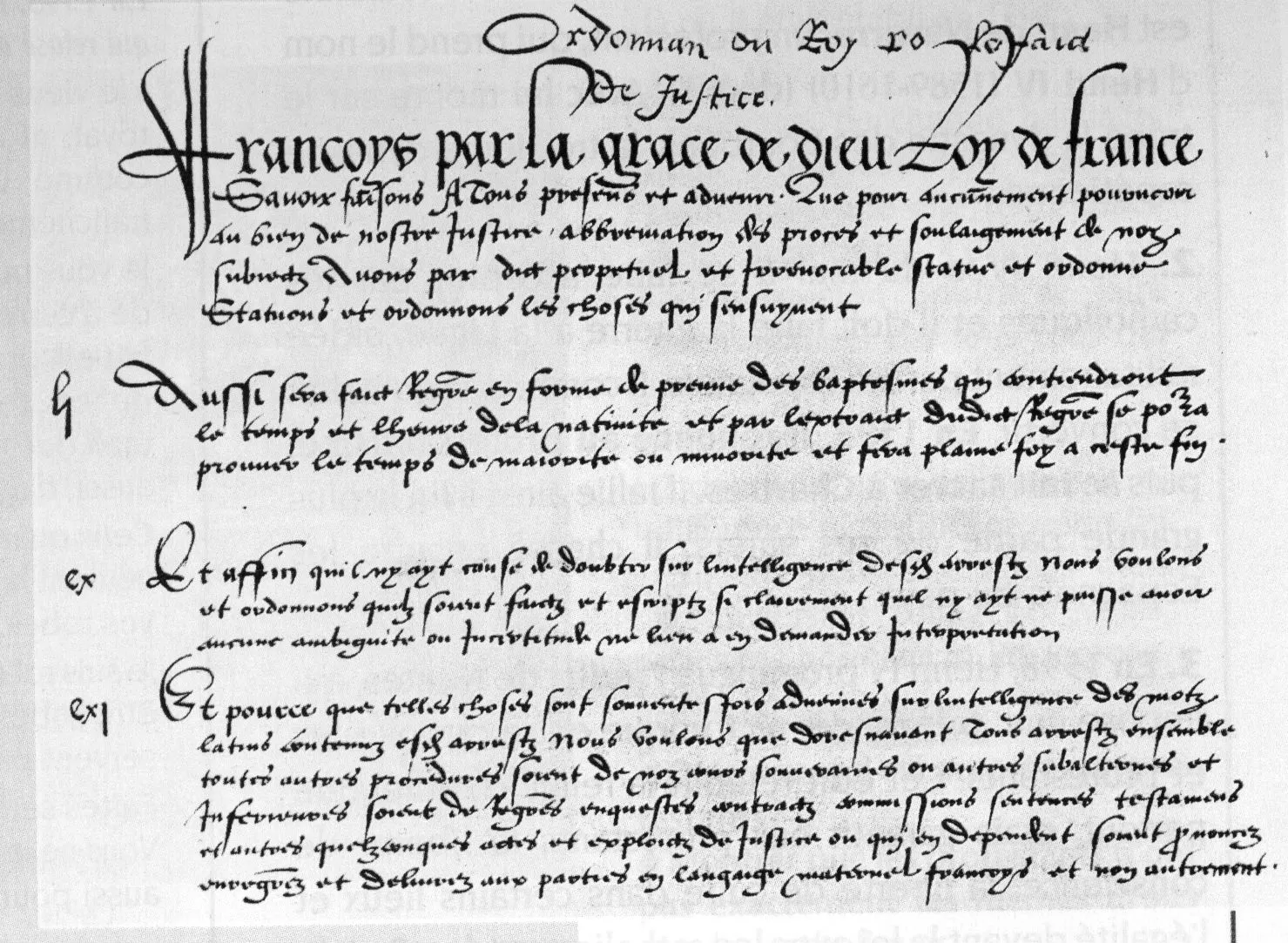 Double page ancienne de l’ordonnance de Villers-Cotterêts imprimée en caractères noirs avec annotations manuscrites
