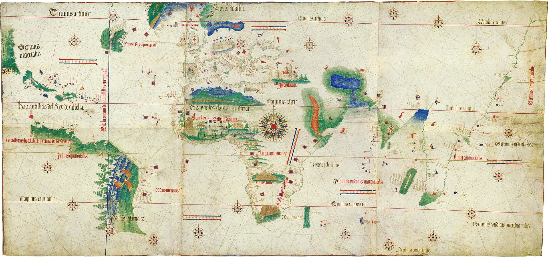 Grand planisphère manuscrit de 1502 montrant les côtes atlantiques, l’Afrique, l’Europe et des terres américaines