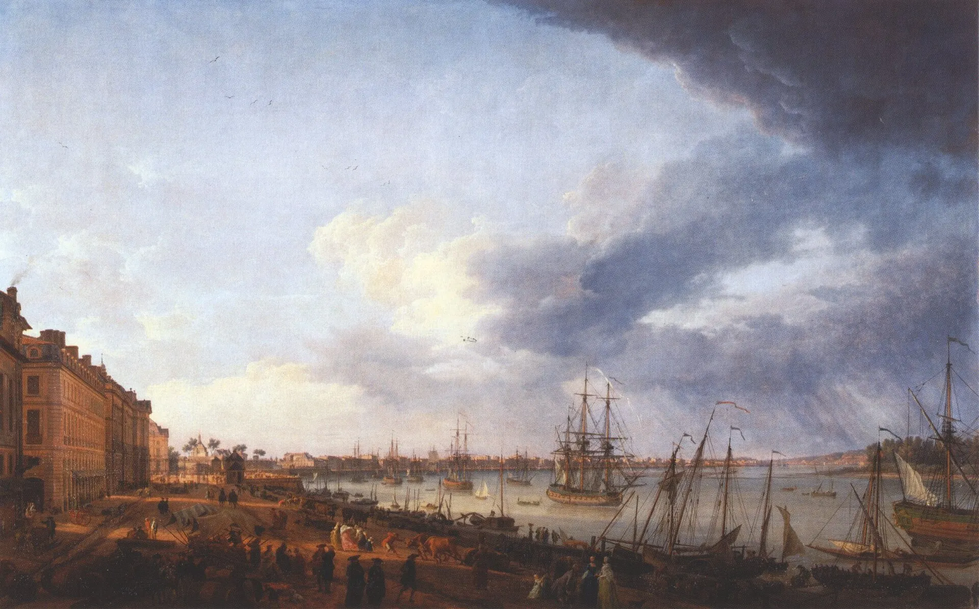 Peinture panoramique du port de Bordeaux animé par des navires, des marchandises, des travailleurs et des promeneurs au XVIIIe siècle