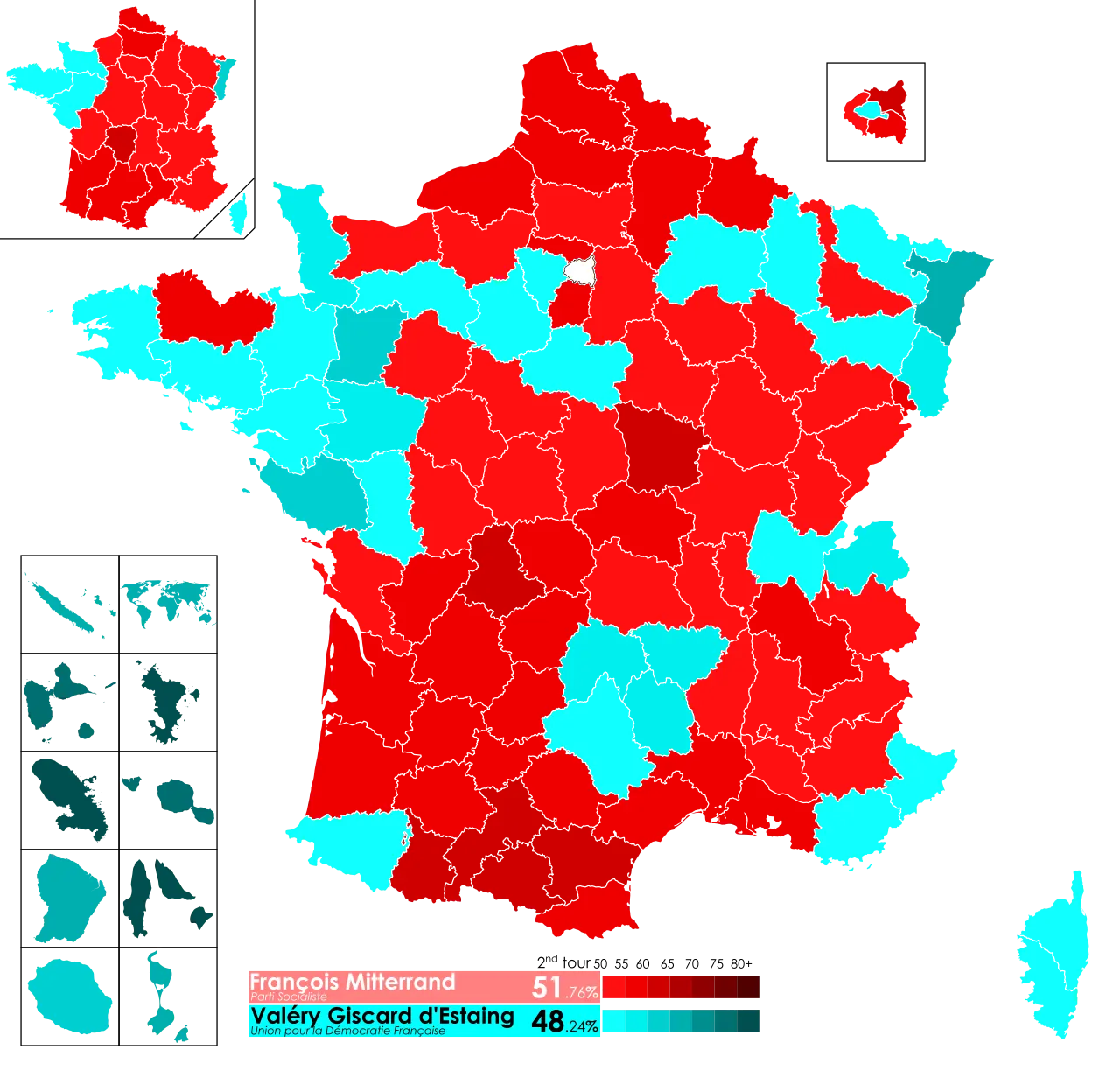 Carte des résultats du second tour de l’élection présidentielle française de 1981 par département et région