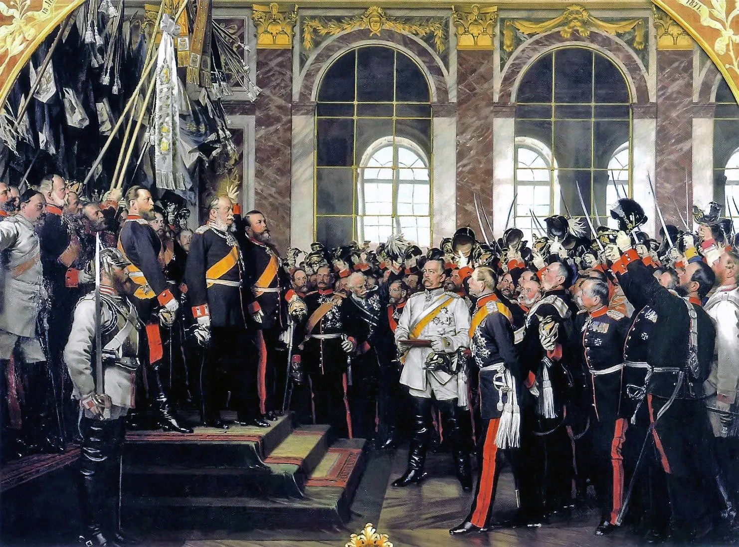 Peinture d’Anton von Werner montrant les princes et officiers allemands acclamant Guillaume Ier dans la galerie des Glaces à Versailles