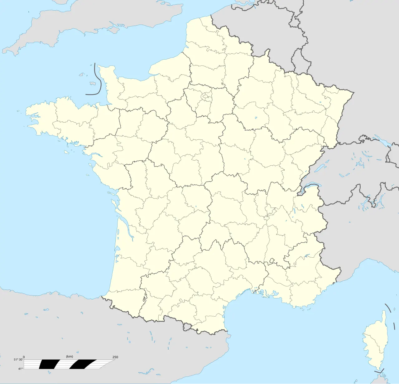Carte administrative de la France distinguant les régions et leurs départements métropolitains et ultramarins