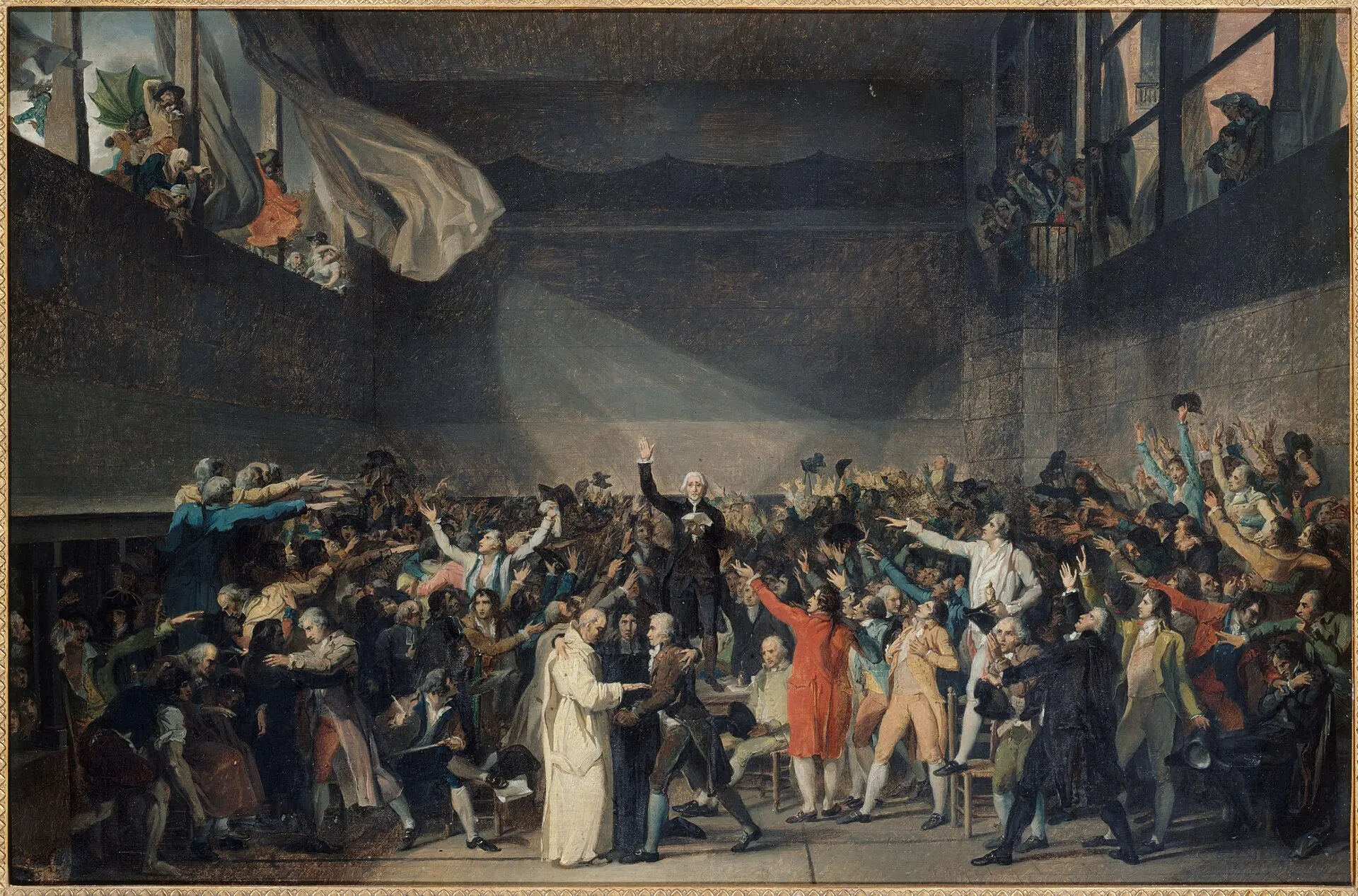 Dessin de Jacques-Louis David montrant les députés rassemblés dans la salle du Jeu de paume levant le bras pour prêter serment