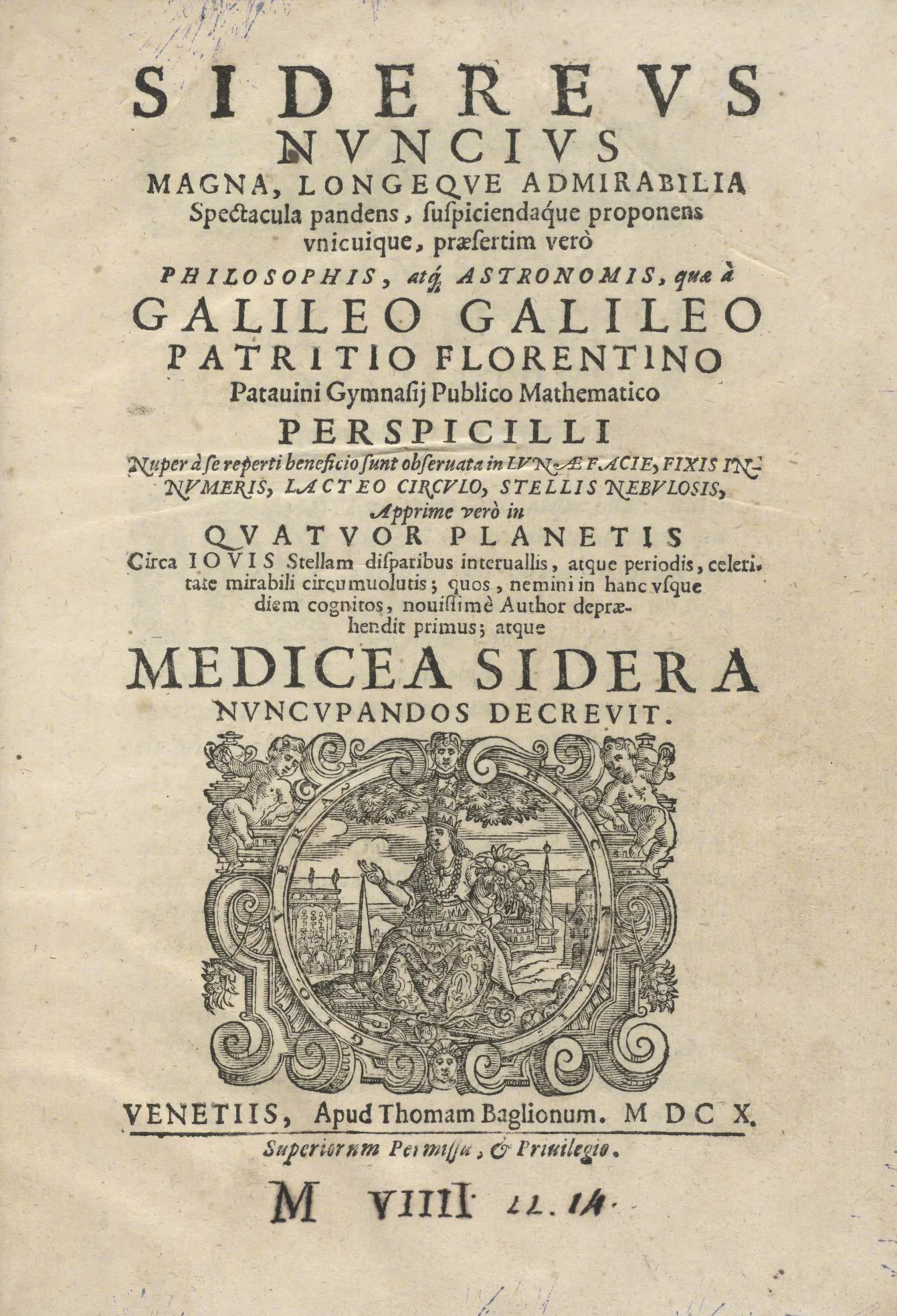 Page de titre latine du Sidereus nuncius de Galilée publié à Venise en 1610 avec un encadrement typographique