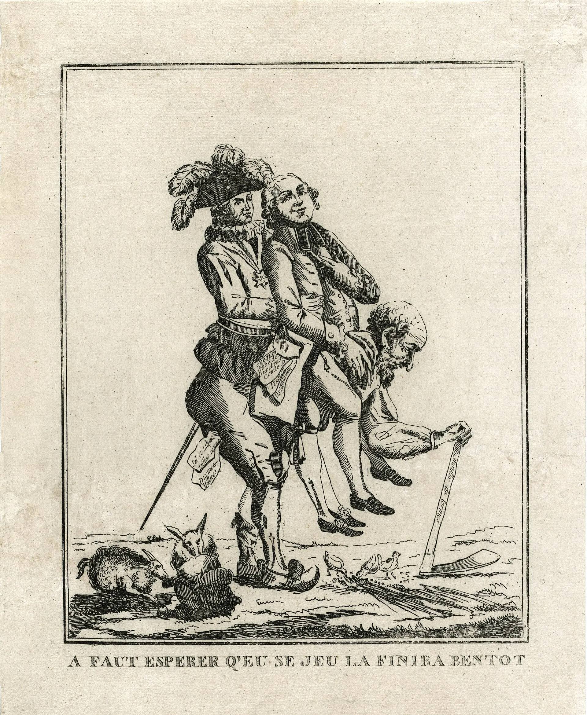 Caricature de 1789 montrant un paysan courbé portant sur son dos un noble et un membre du clergé