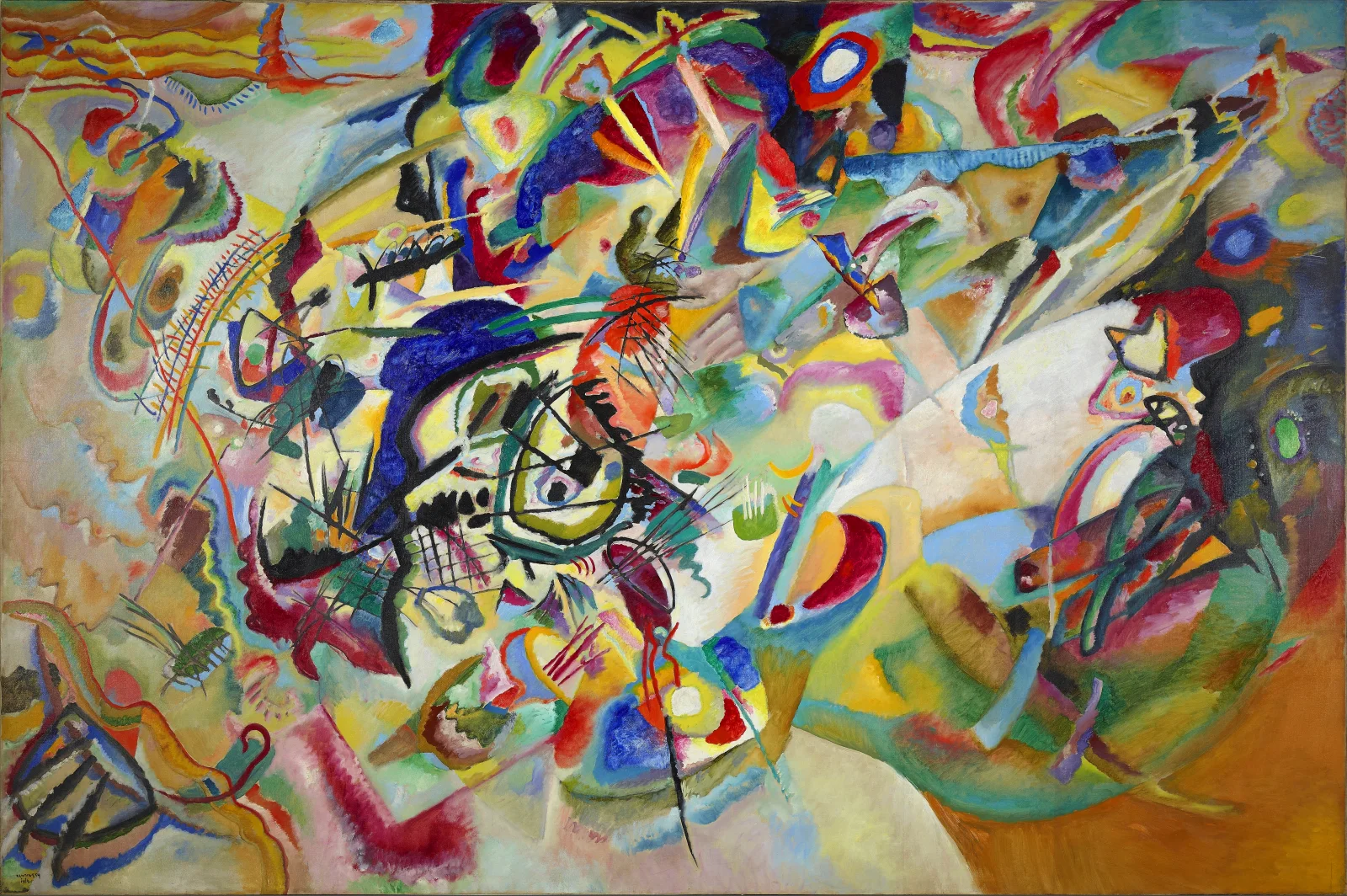 Grande toile horizontale très colorée : arcs bleus, diagonales noires, taches jaunes et rouges, lignes courbes et masses superposées sans scène figurative stable.