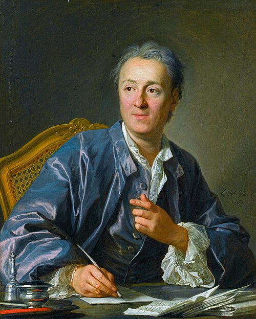 Portrait de Diderot en robe de chambre bleue, tête découverte tournée vers la gauche de l’image, avec plume, papiers, livres et une main levée.