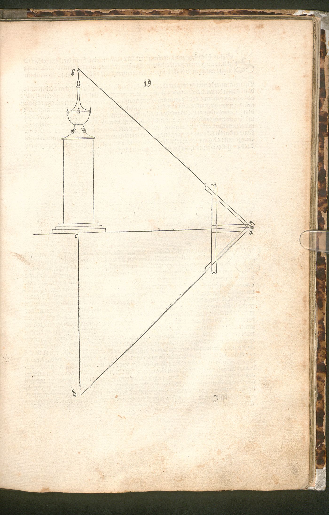 Feuillet imprimé avec texte allemand et construction géométrique : tour à gauche, segment vertical intermédiaire, point à droite et lignes de construction.