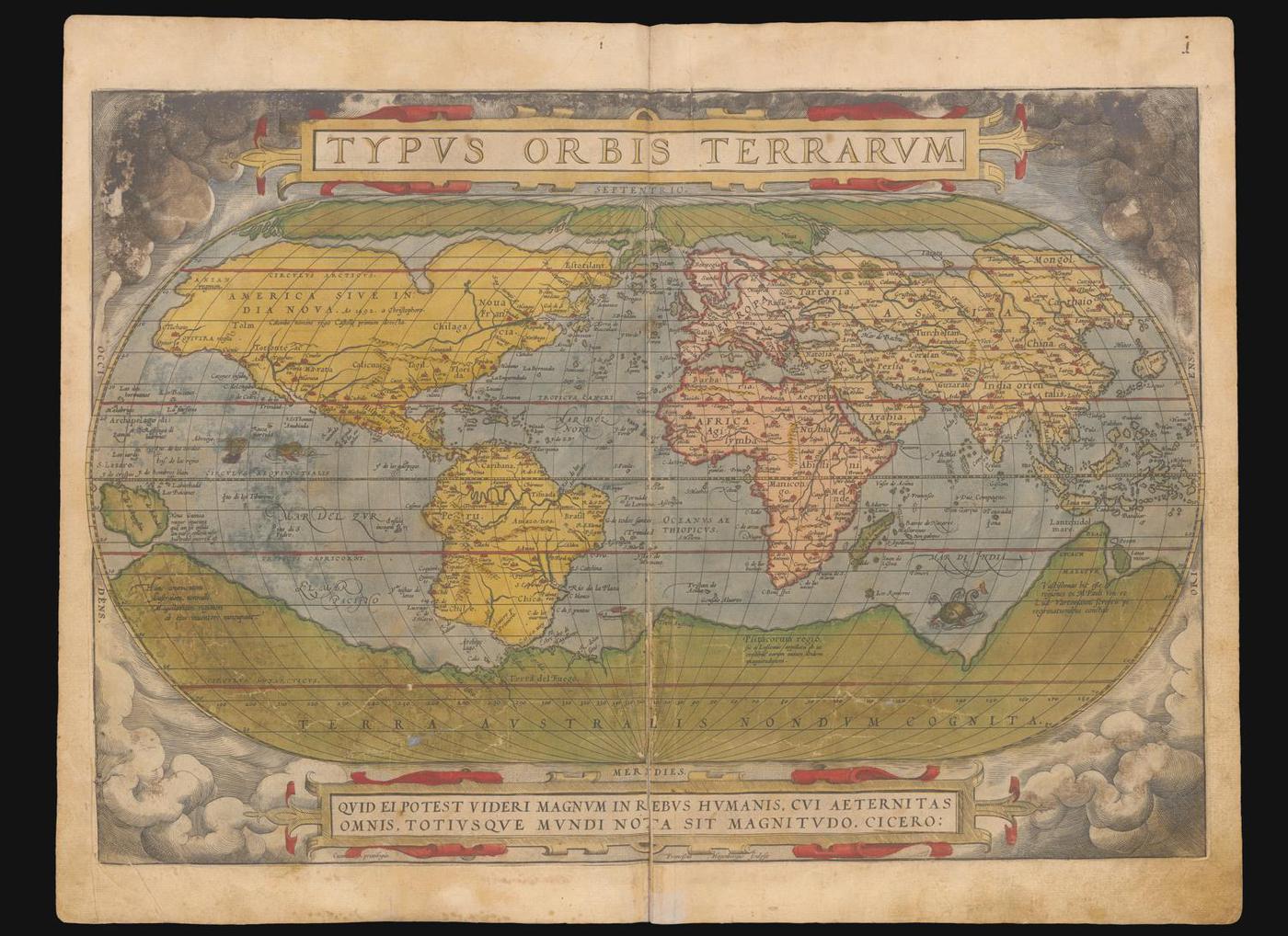 Planisphère ovale de 1570, quadrillé de méridiens et parallèles ; une vaste terre australe dessinée porte une inscription qui la dit encore inconnue.