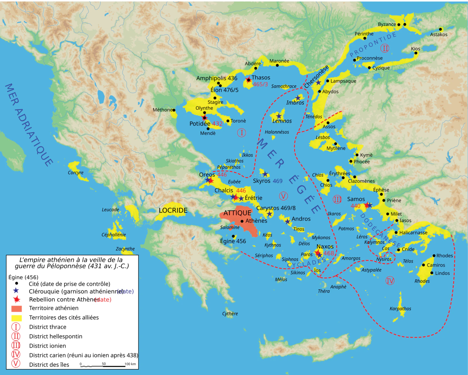 Carte en français de l’empire athénien en 431 avant Jésus-Christ, avec Athènes, Délos, les cités alliées, les garnisons et les rébellions