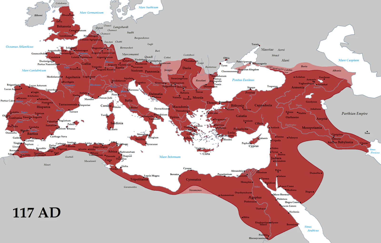 Carte de l’Empire romain et de ses provinces autour de la Méditerranée en 117 après Jésus-Christ