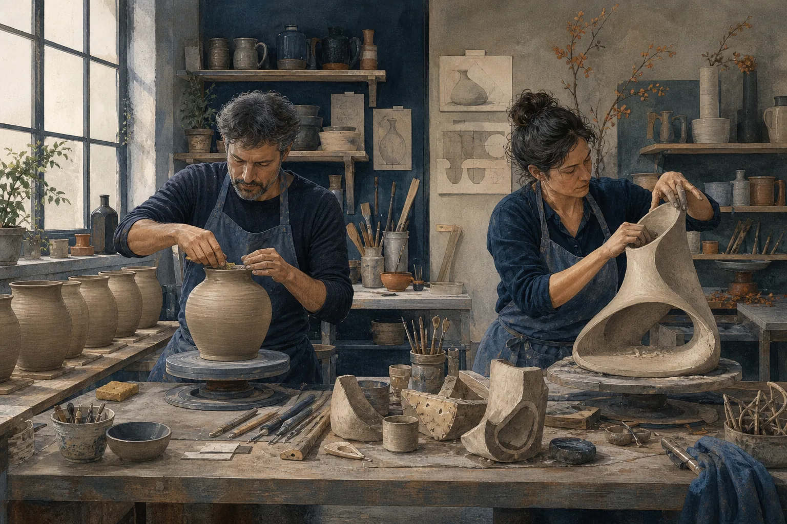 Dans un atelier de céramique, des gestes maîtrisés produisent une forme répétée puis une forme transformée au cours du travail