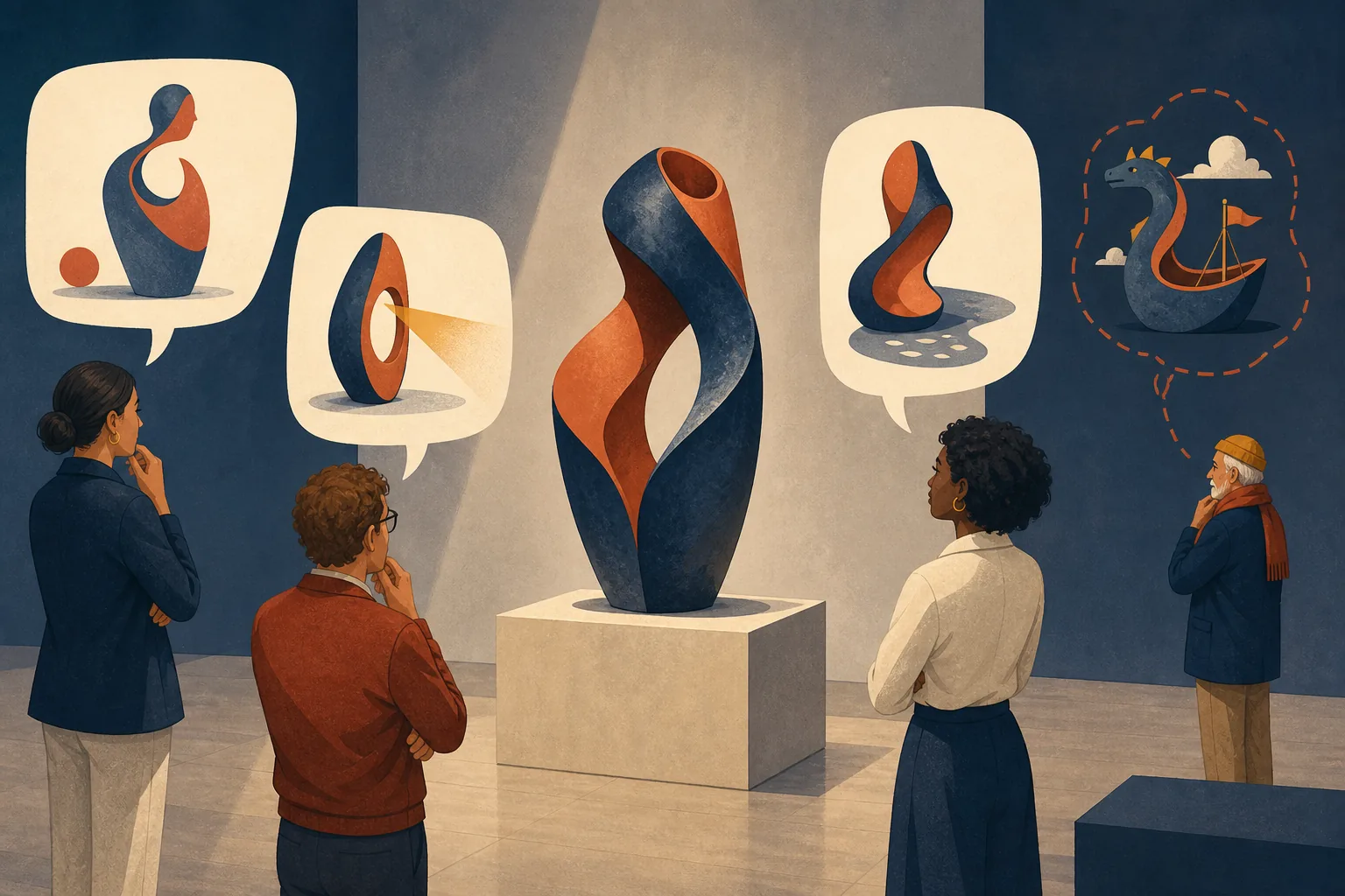 Quatre visiteurs observent une sculpture abstraite ; trois hypothèses s'appuient sur sa forme, sa matière ou son ombre, une quatrième s'en éloigne sans indice