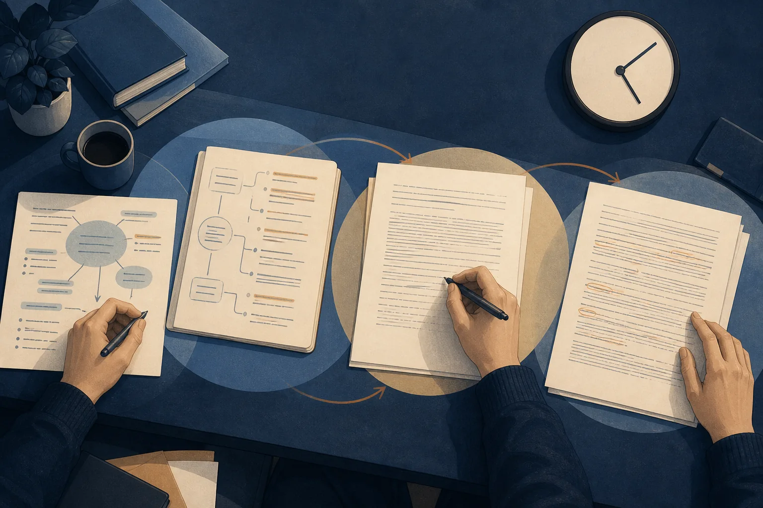 Un bureau montre quatre phases de travail reliées : analyse du sujet, construction du plan, rédaction et relecture