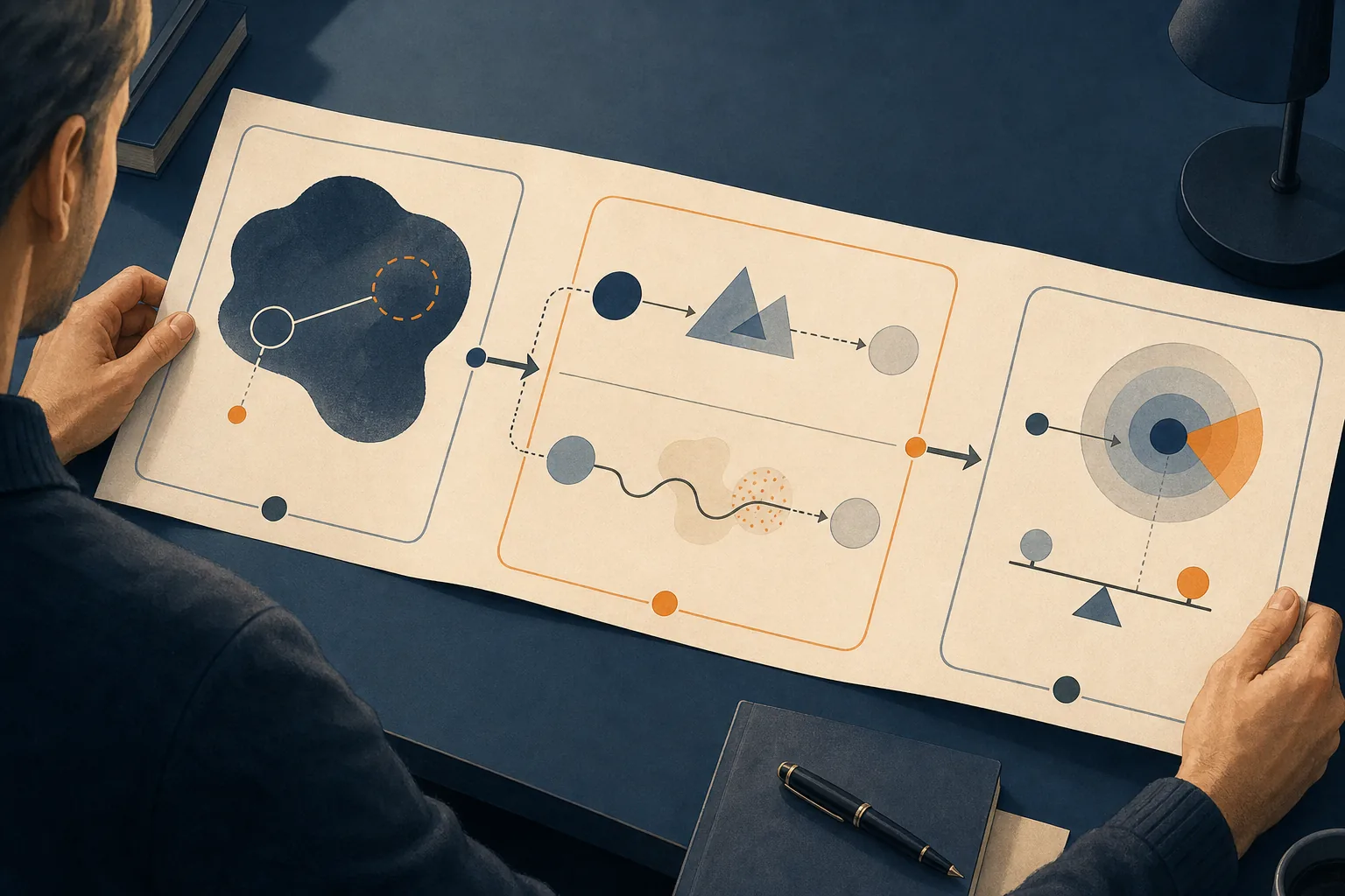 Illustration d'une lectrice reconstruisant trois étapes reliées d'un texte, de la question initiale à la conséquence