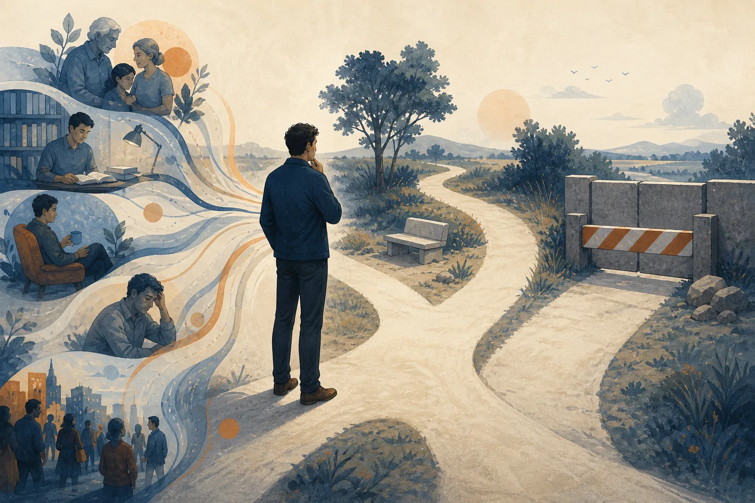 Illustration d'un homme devant plusieurs chemins, rejoint par des évocations de sa famille, de ses études, de ses habitudes, de sa fatigue et de son environnement, tandis qu'une barrière ferme un chemin