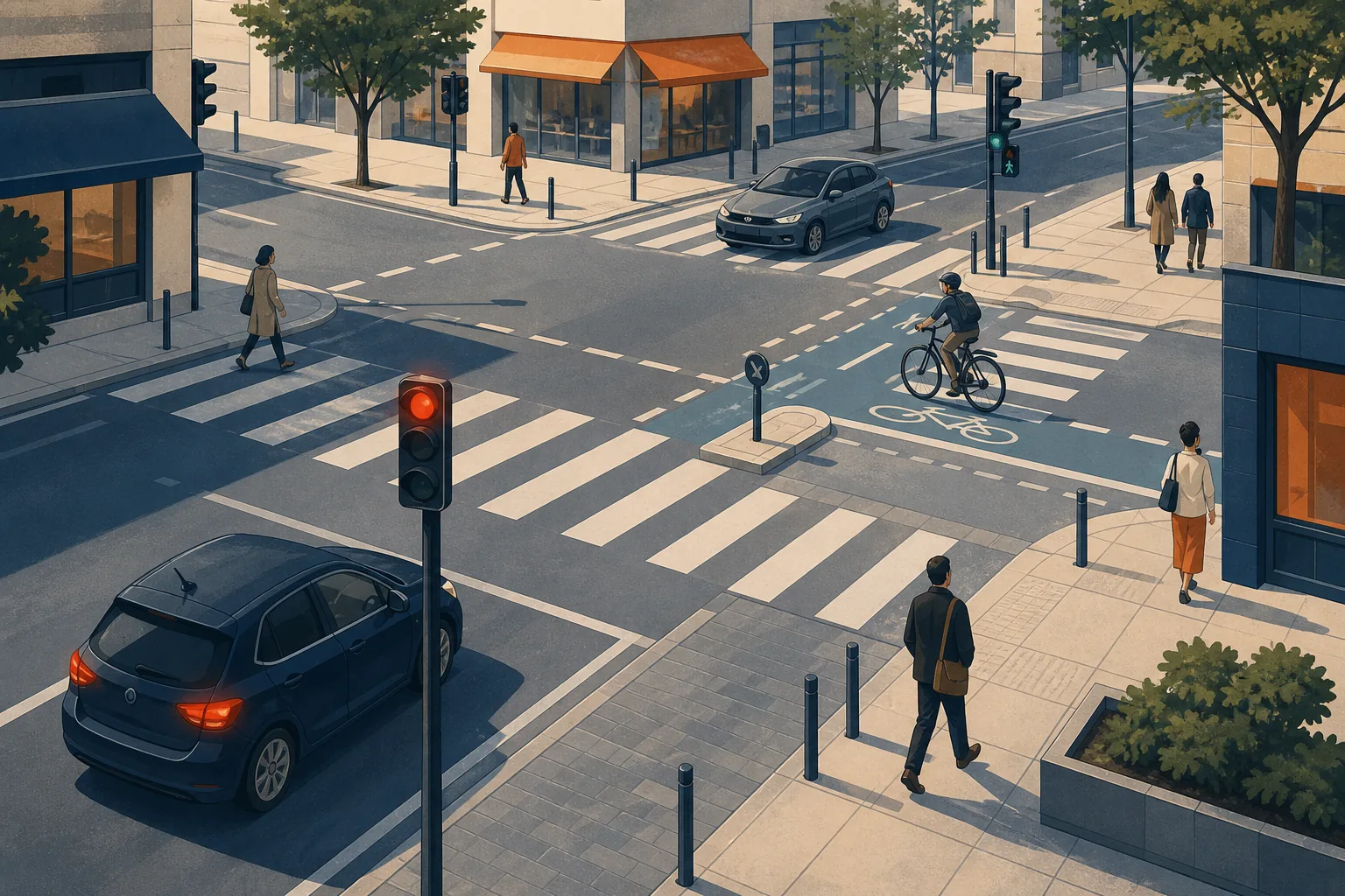 Vue d'un carrefour urbain où une voiture attend au feu rouge pendant que des piétons, un cycliste et une autre voiture traversent sur des trajectoires organisées