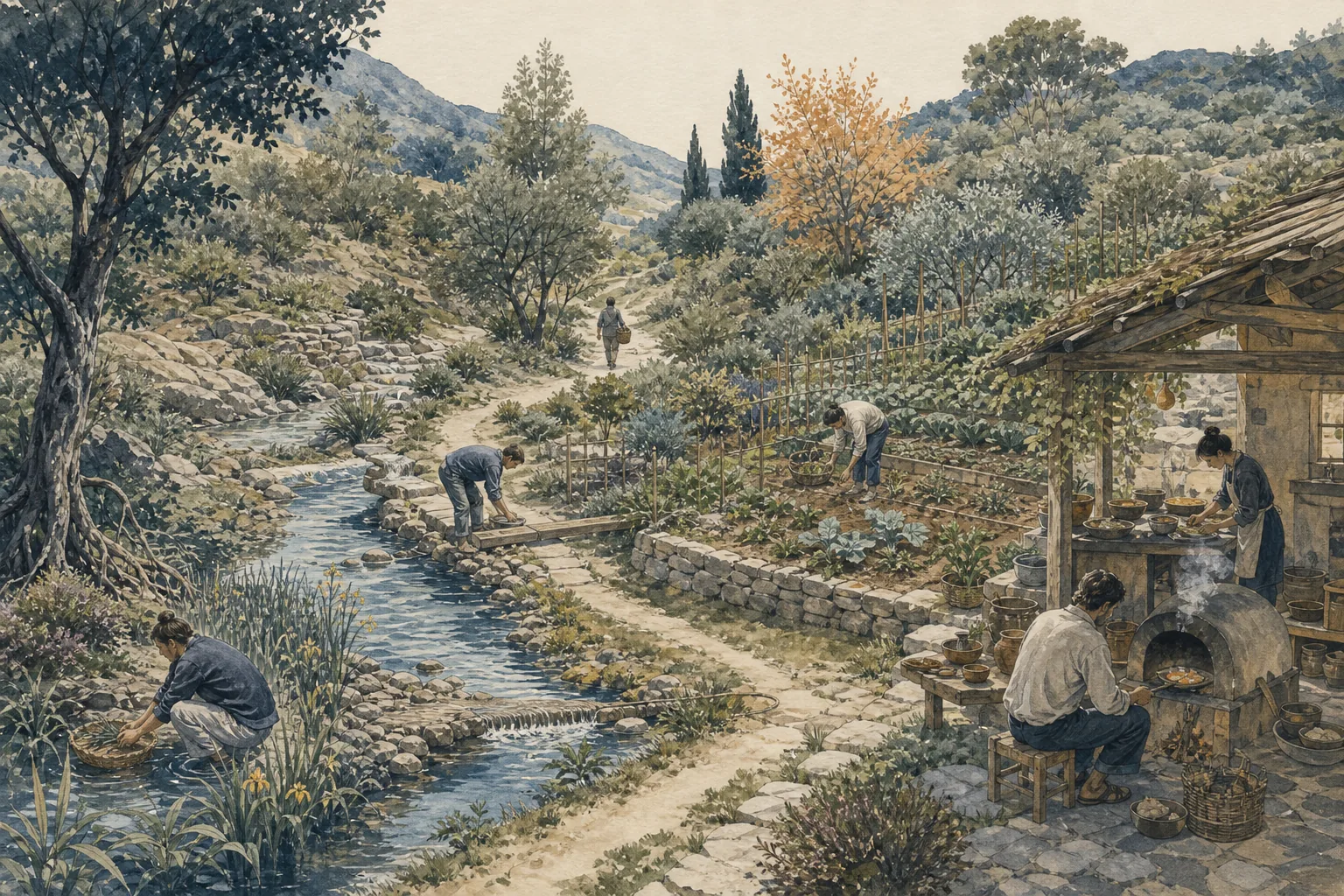 Un paysage continu relie végétation spontanée, culture des plantes, eau aménagée, récolte et préparation des aliments