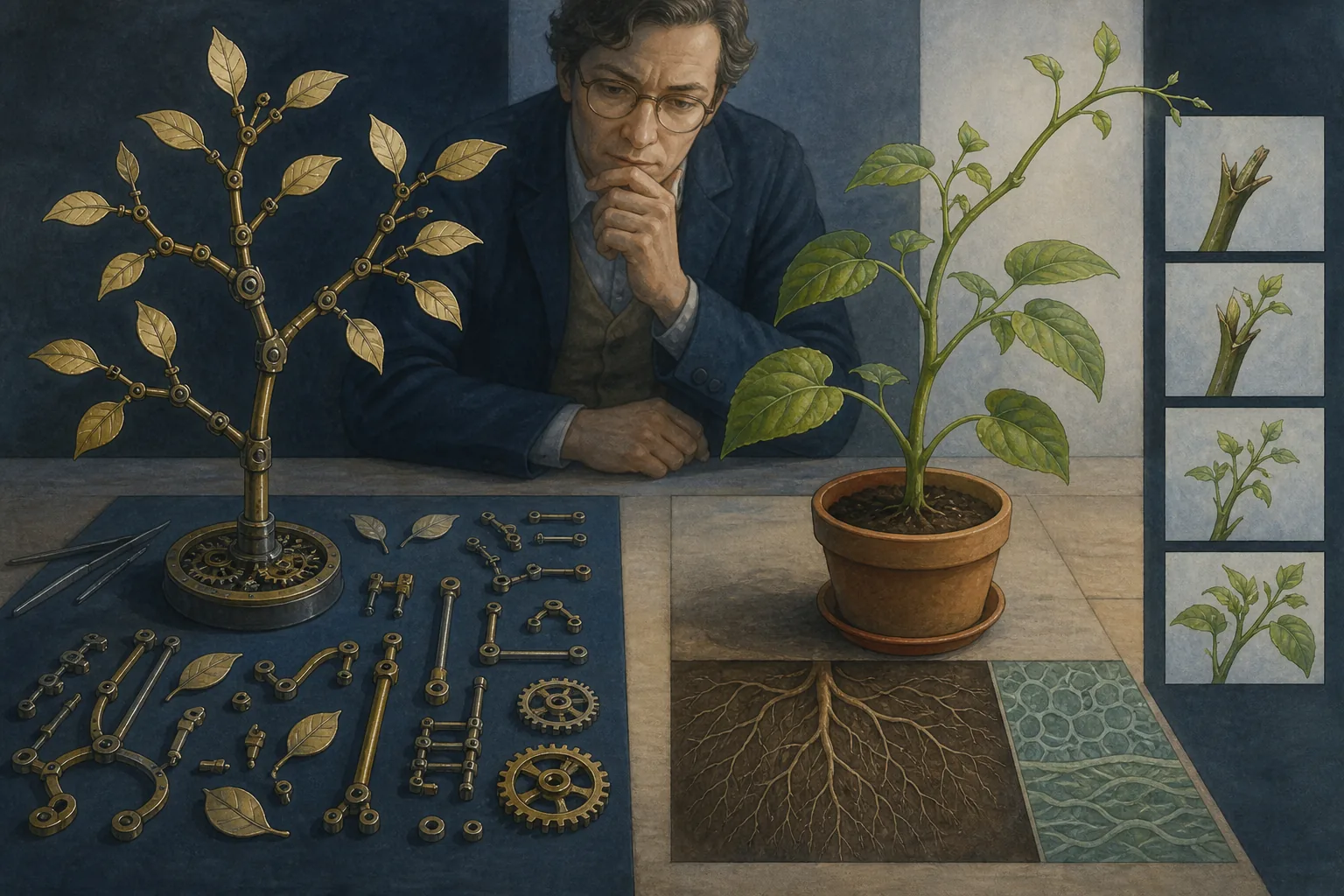 Comparaison entre une plante mécanique assemblée de l'extérieur et une plante vivante qui croît, se régule et répare une partie abîmée