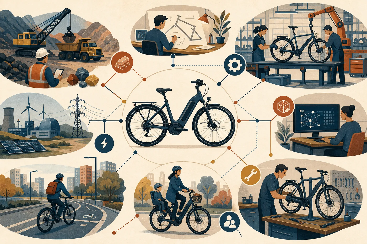 Un vélo électrique est relié à l'extraction des matériaux, la conception, l'assemblage, l'énergie, le logiciel, la voirie, l'usage et la maintenance