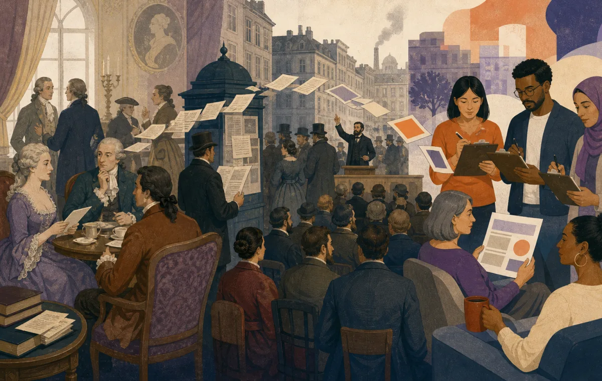 Illustration en trois temps montrant un salon et un café du XVIIIe siècle, un espace civique animé par la presse et une scène contemporaine d'enquête et de diffusion de résultats