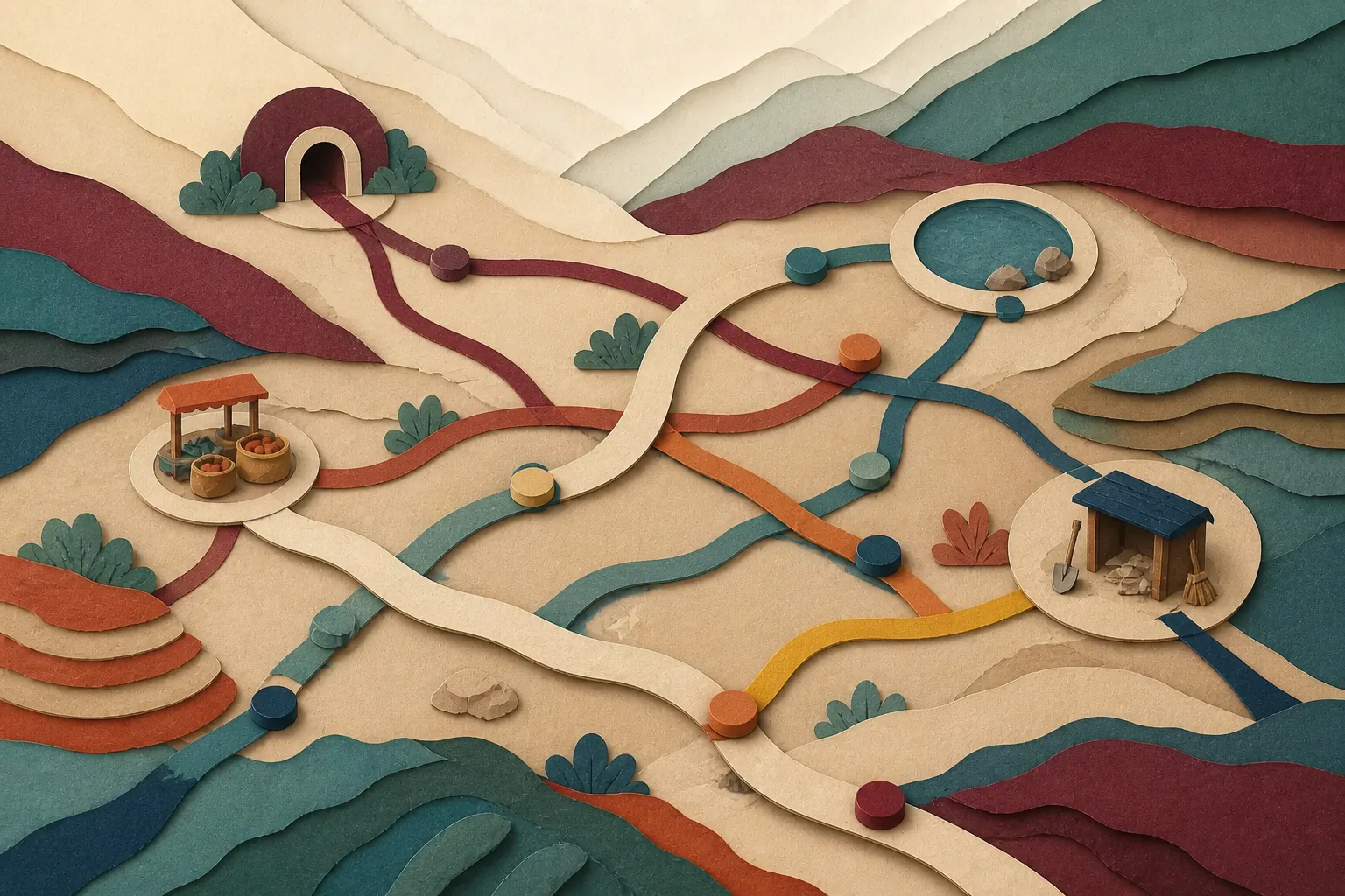 Plusieurs chemins de couleurs différentes se ramifient dans un relief abstrait entre un passage, un point d’eau, un marché et une zone d’entretien.