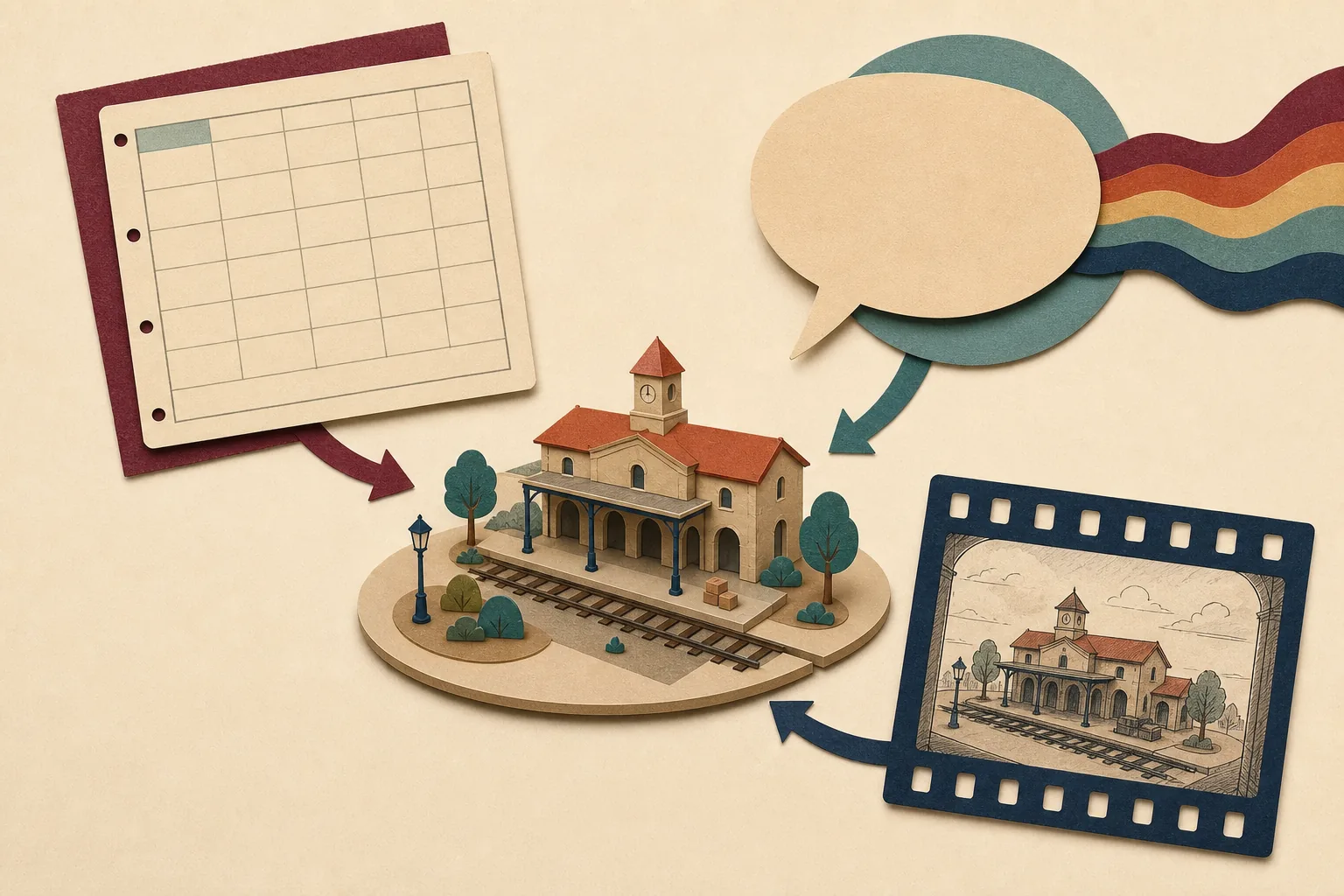 Une maquette de gare fictive reçoit trois flèches distinctes depuis un registre vide, une bulle de parole et un cadre de film dessiné.