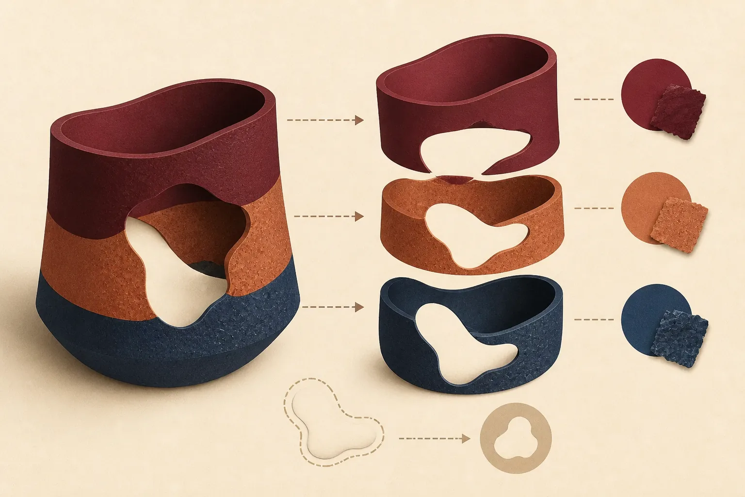 Un récipient abstrait comporte trois couches bordeaux, terracotta et bleu marine, séparées à droite, traversées par une même lacune irrégulière.