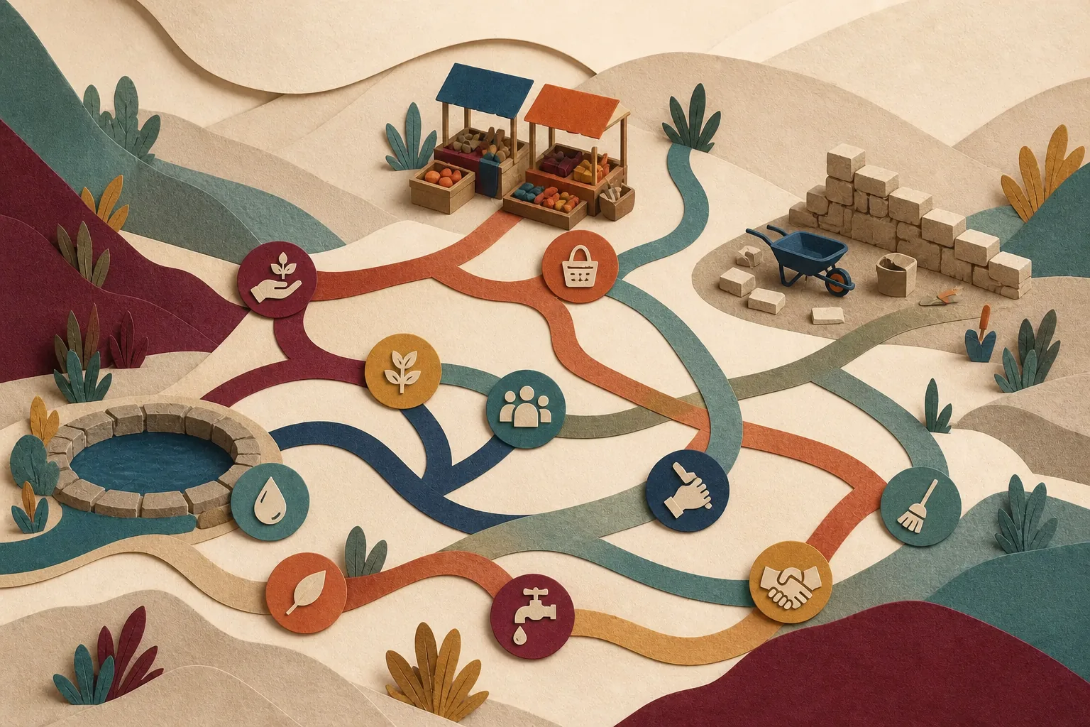 Des chemins colorés se ramifient entre un point d’eau, un petit marché et un mur en réparation, avec plusieurs usages répartis dans le relief.