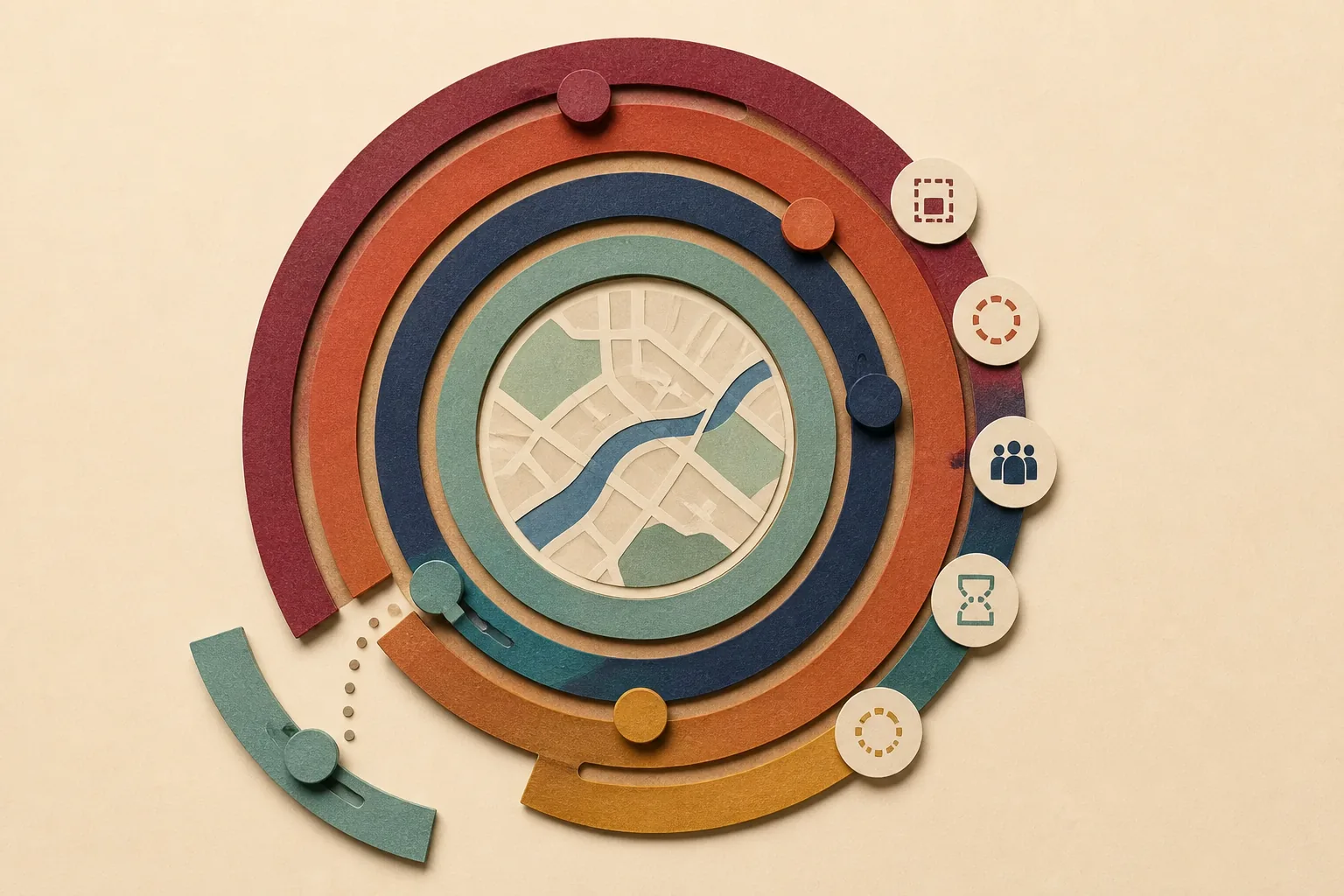 Une carte visuelle neutre est entourée de cinq anneaux réglables pour son cadrage, son but, son audience, sa durée et son retrait, dont un segment se détache.