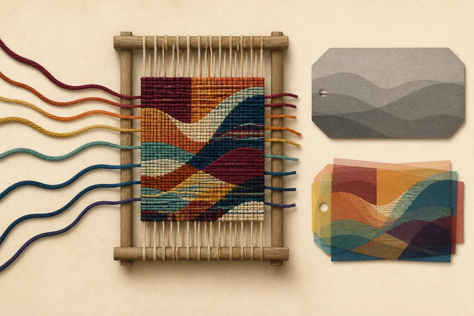 Des fils de plusieurs couleurs restent visibles dans un tissage, à côté d’une étiquette grise simplifiée et d’une étiquette composée de couches colorées.