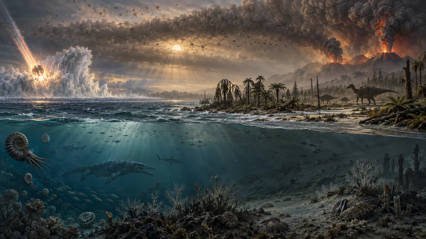 Panorama conceptuel associant impact océanique, volcanisme, atmosphère chargée et organismes terrestres et marins affectés