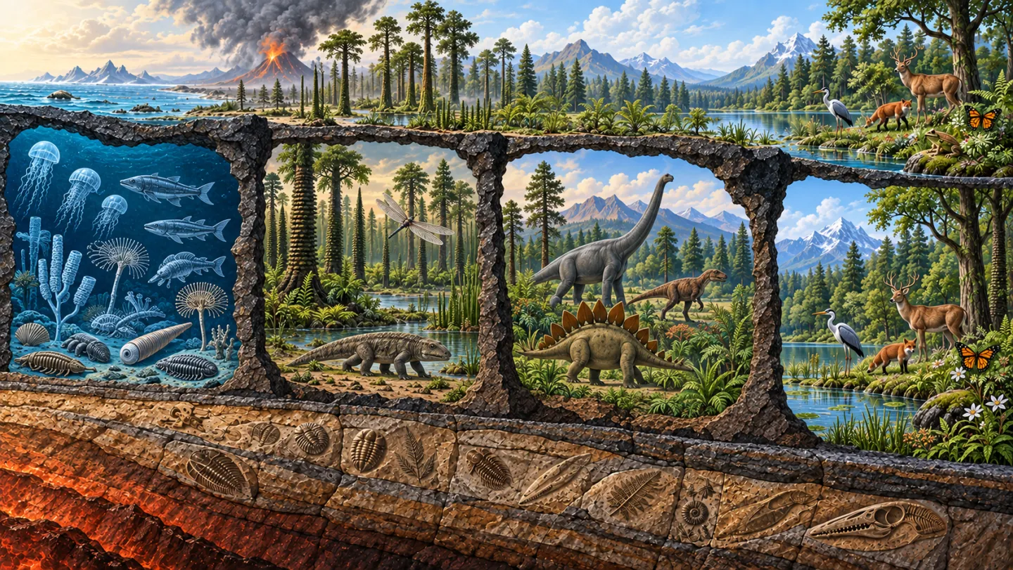 Coupe illustrée montrant quatre fenêtres temporelles séparées, d’organismes marins anciens à un écosystème actuel, au-dessus de couches fossilifères