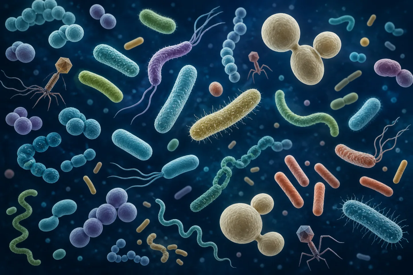 Illustration scientifique montrant des coques, des bacilles, des bactéries courbes, des levures bourgeonnantes et quelques particules de type bactériophage