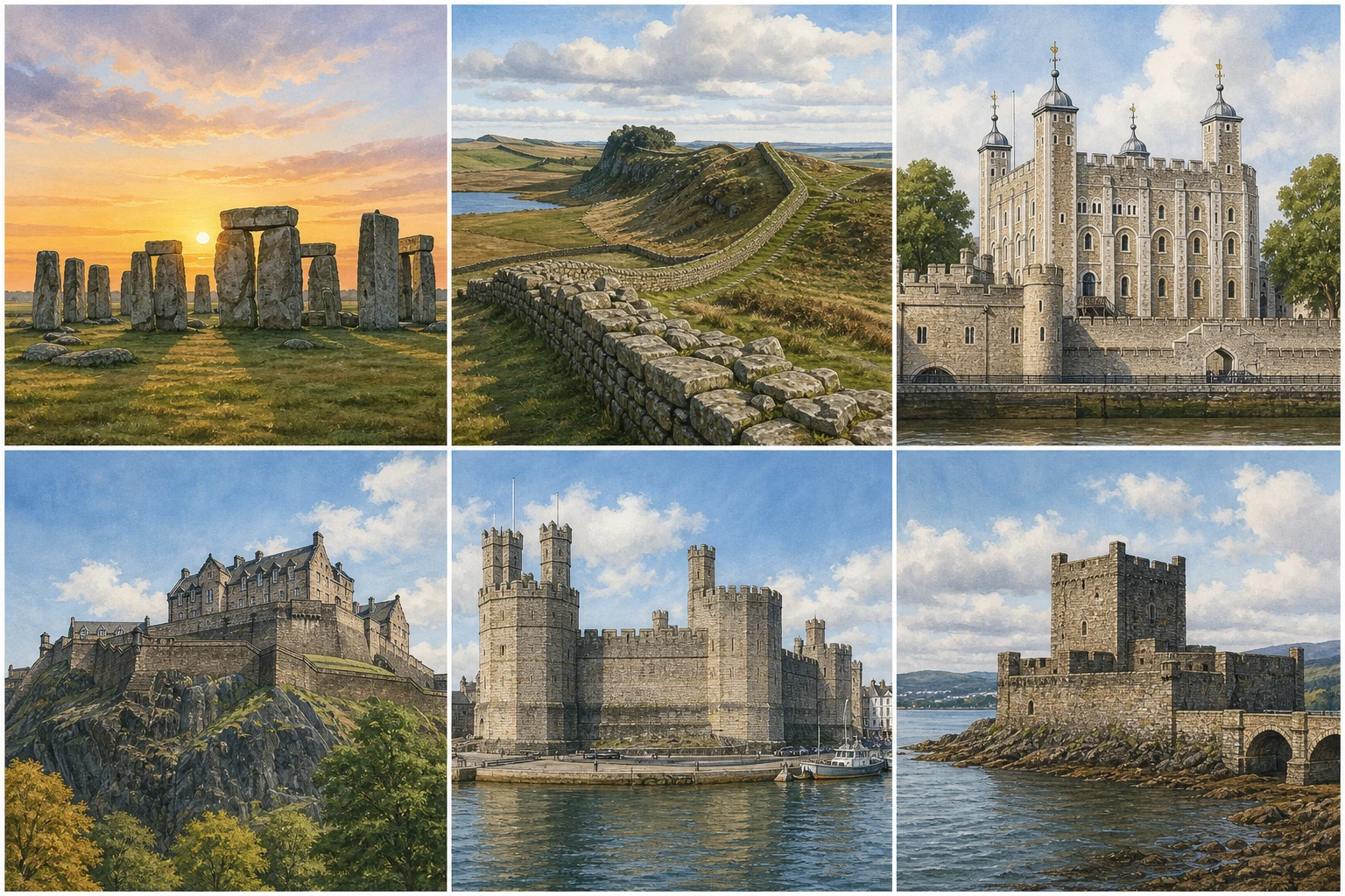 Atlas illustré en six panneaux : Stonehenge, mur d'Hadrien, Tour de Londres, château d'Édimbourg, château de Caernarfon et château de Carrickfergus