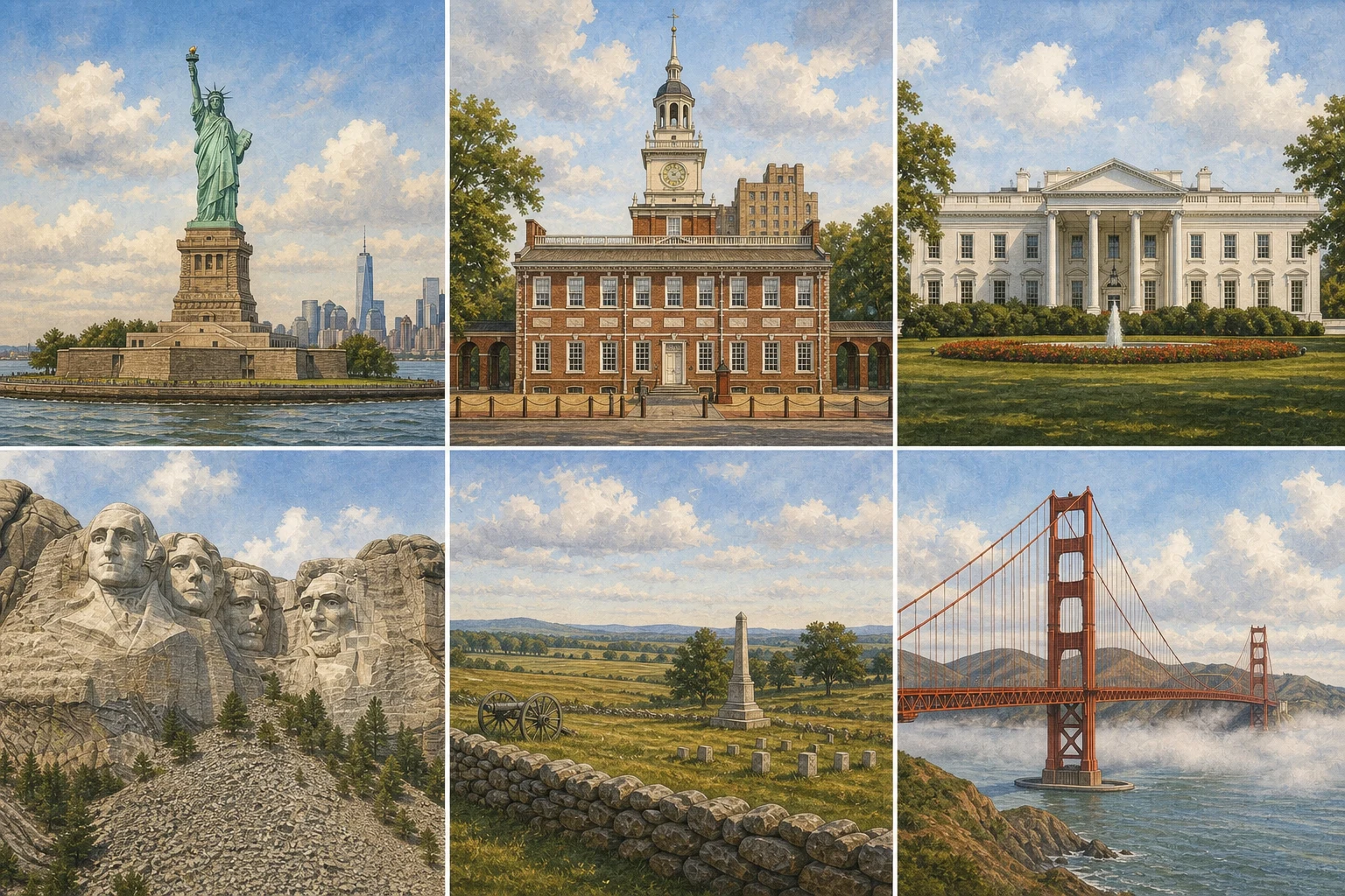 Atlas illustré en six panneaux : Statue de la Liberté, Independence Hall, Maison-Blanche, Mount Rushmore, champ de bataille de Gettysburg et Golden Gate Bridge