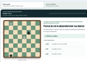 Atelier d’échecs Maxdecours avec une position tactique guidée et l’accès aux parties contre Max