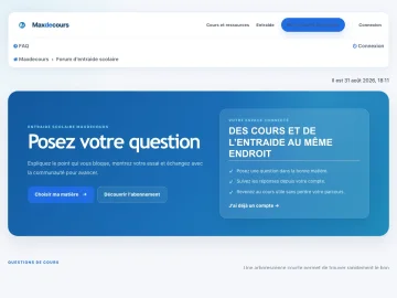 Accueil du forum d’entraide Maxdecours avec le choix de matière et les actions pour poser une question