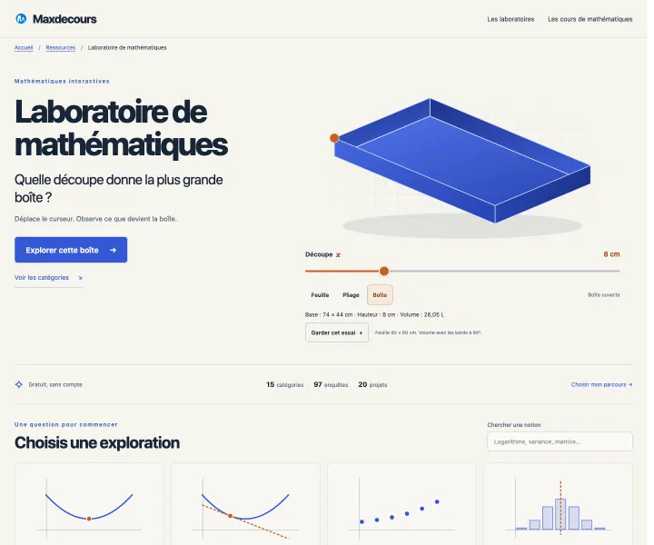 Laboratoire de mathématiques Maxdecours sur papier ivoire : boîte bleue manipulable, découpe orange, recherche par notion et catégories illustrées