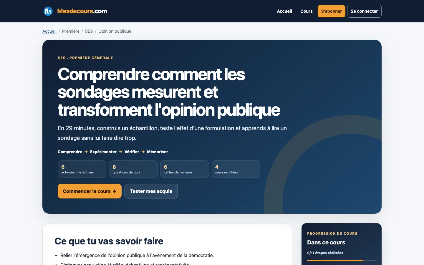 Nouvelle page de cours Maxdecours avec sa méthode, ses objectifs et son sommaire de progression