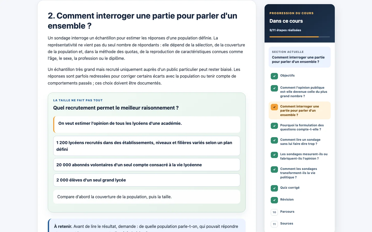Activité du nouveau cours demandant de choisir l’échantillon le plus pertinent pour un sondage