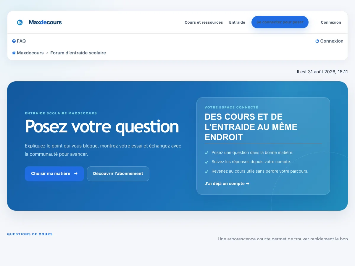 Accueil du forum d’entraide Maxdecours avec le choix de matière et les actions pour poser une question
