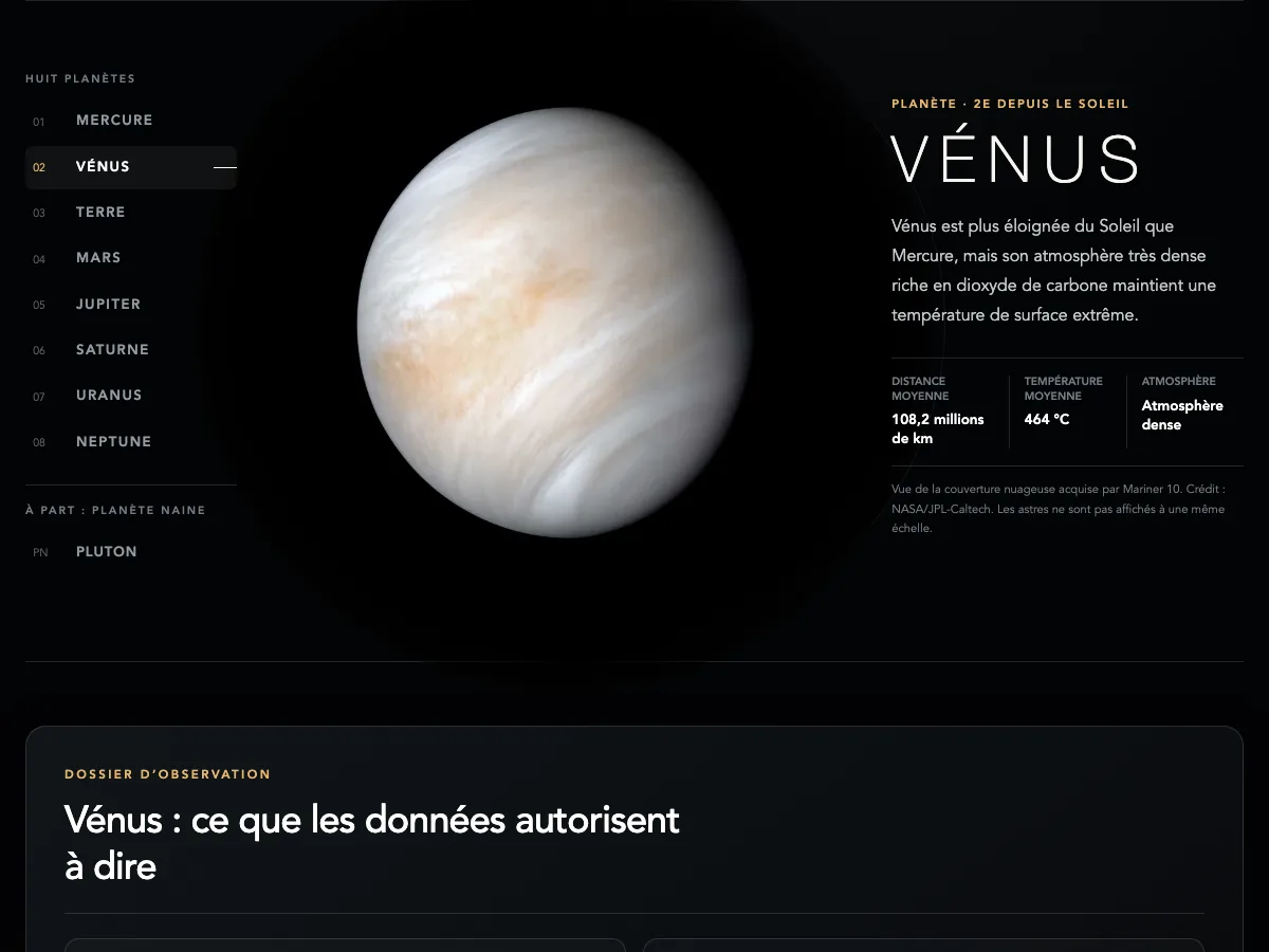 Laboratoire des mondes Maxdecours avec Vénus sélectionnée, son globe réaliste, la liste des astres et un texte entièrement visible