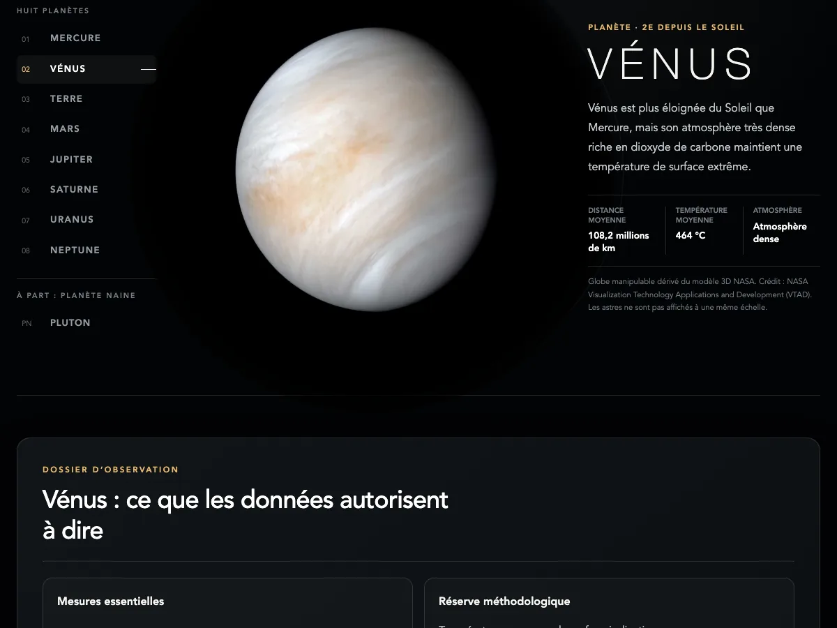 Laboratoire des mondes Maxdecours avec Vénus sélectionnée et ses données d’observation