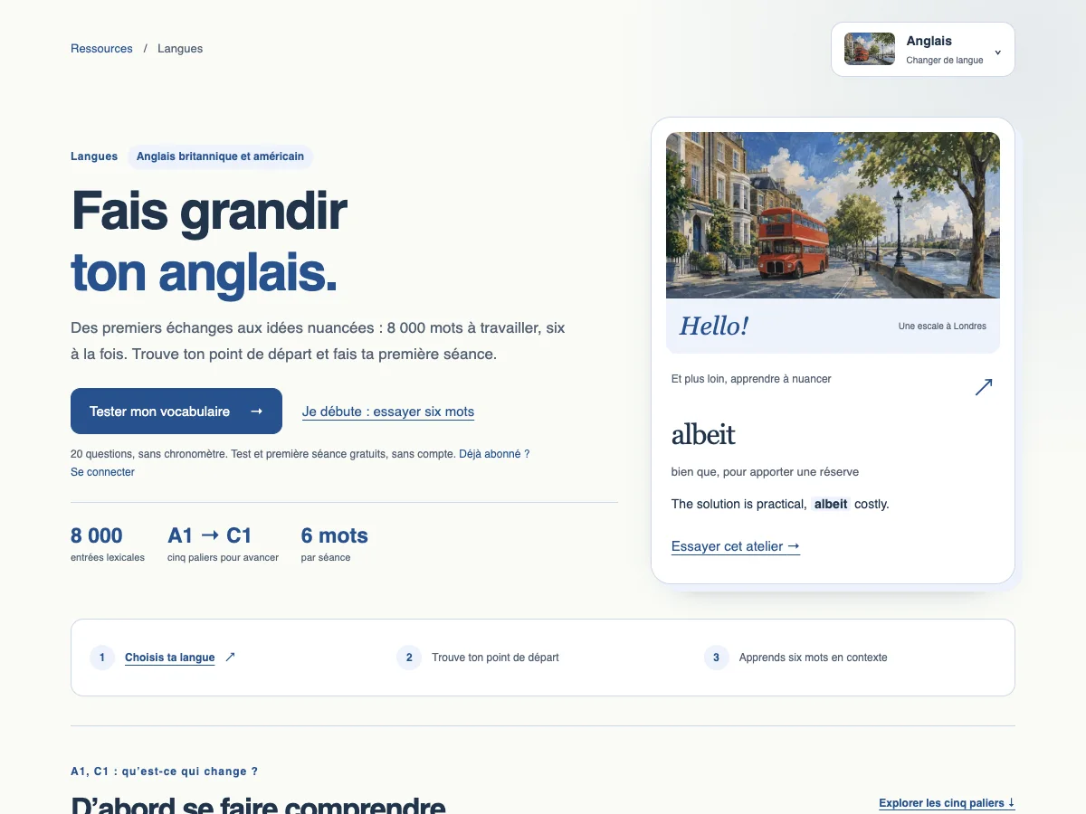 Atelier Langues Maxdecours : test de vocabulaire gratuit, choix de langue et exemple anglais en contexte