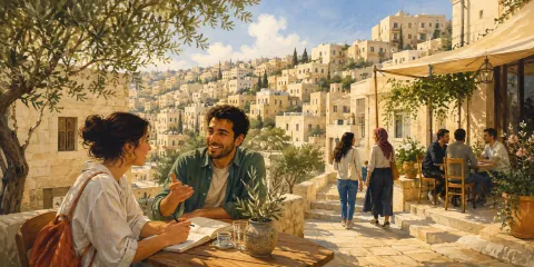 Terrasse illustrée à Amman, conversation et maisons de pierre claire.