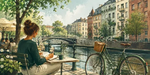 Promenade illustrée au bord de l’eau, façades berlinoises et vélo.