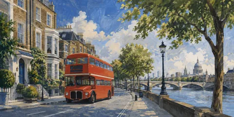 Rue londonienne illustrée, bus rouge et promenade au bord de la Tamise.