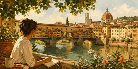 Vue illustrée de Florence, pont sur l’Arno et toits de terre cuite.